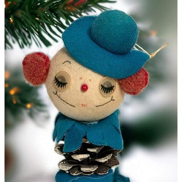 VTG Pinecone Snowman Ornament Winking Eyes Blue Hat Japan Christmas Clown MCM - Picture 1 of 9